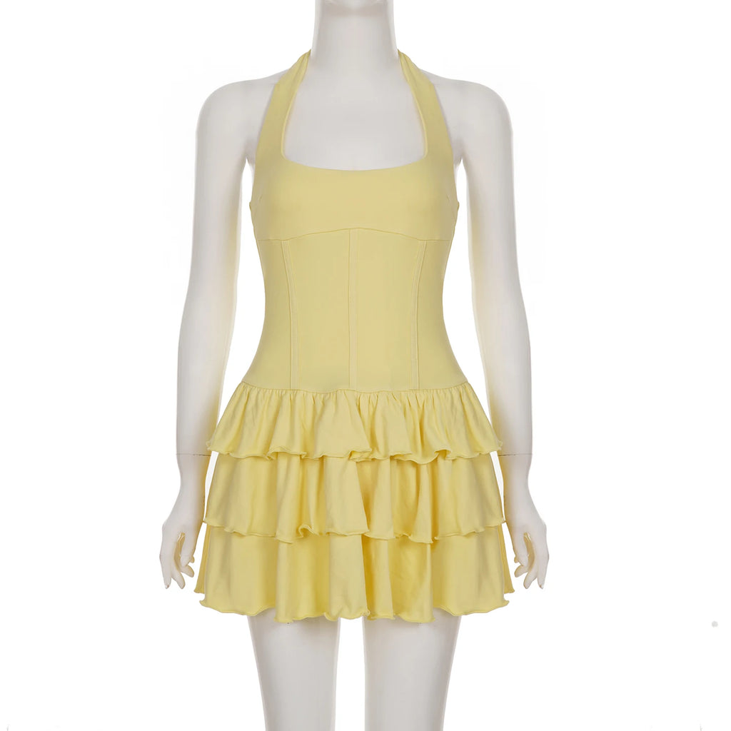 Women's Dresses 2025 Halter Mini Dress Chic U Neck Layer Ruffles Hem Bodycone A Line Vestido Summer Ladies Street Party Wear
