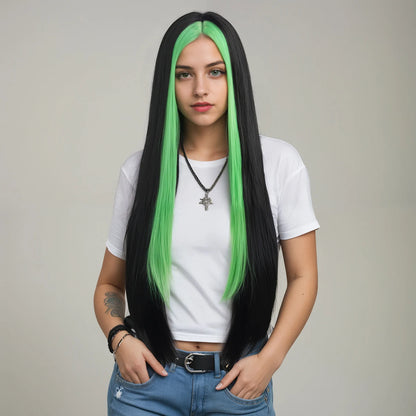 Waist-Length, Long Hair, Straight Hair, Middle Parted Gradient Green and Black Women's Dress-Up Wig, Soft, Synthetic, Heat-Resistant and Durable, Suitable for Daily Dress-Up, Wear and Party Cosplay Wig, Party Supplies, Hairst