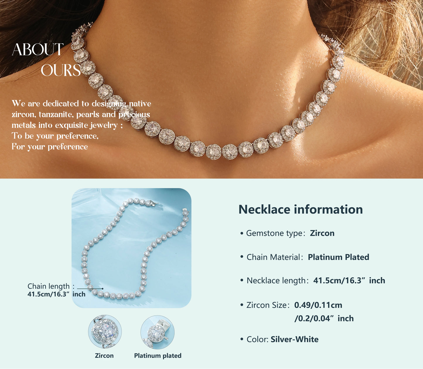 Tennis Necklace for Women Men Silver White Gold Plated Full Zircon Moissanite Tennis Chain Zircon Necklace For Men Gift