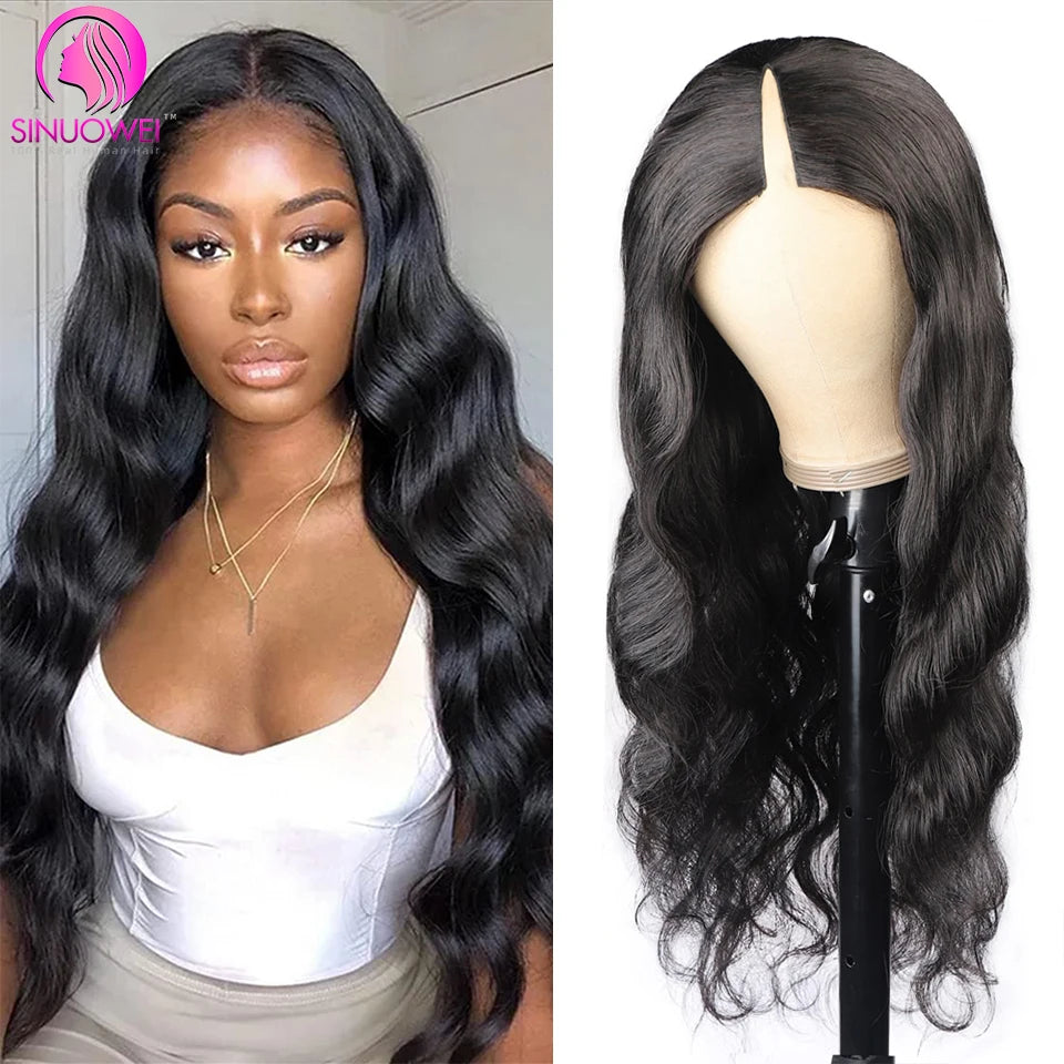 Sinuowei U V Part Wig Body Wave Human Hair Wigs For Women Brazilian No Glue 10-28 Inches Wavy Upgrade Wig Natural Black Wigs
