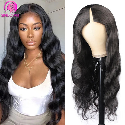Sinuowei U V Part Wig Body Wave Human Hair Wigs For Women Brazilian No Glue 10-28 Inches Wavy Upgrade Wig Natural Black Wigs