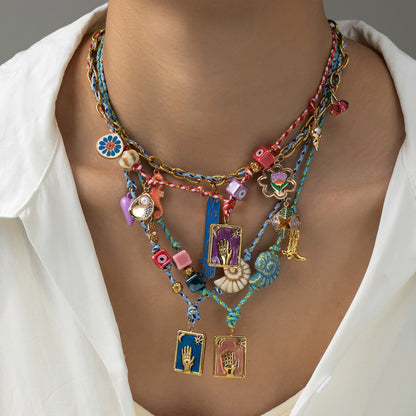 Bohemian handmade women's layered necklace, colorful accessories, eyelets, shells, Hamza hands, bead chains, fashionable jewelry
