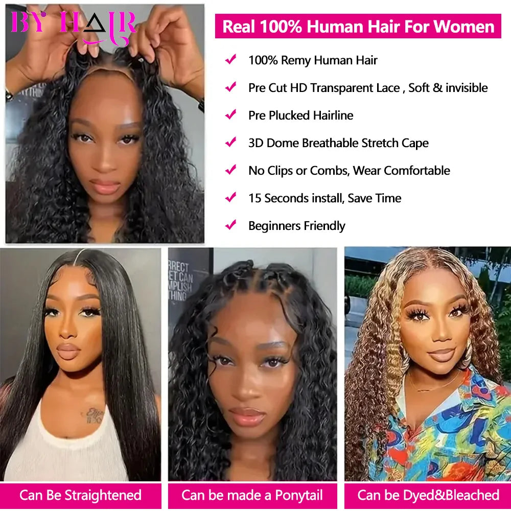 6x4 Glueless Wig Water Wave Human Hair Wigs Ready To Wear Pre-Cut Lace Glueless Curly Wigs Lace Front Human Hair Wig For Women