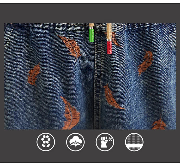 Jeans For Women Spring Street Feather Embroidery Color Contrast Loose Thin Drawstring Pockets Elastic Waist Denim Pants Female