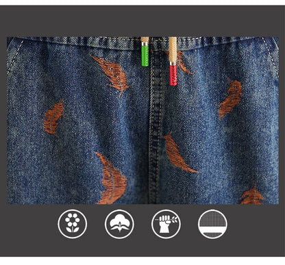 Jeans For Women Spring Street Feather Embroidery Color Contrast Loose Thin Drawstring Pockets Elastic Waist Denim Pants Female