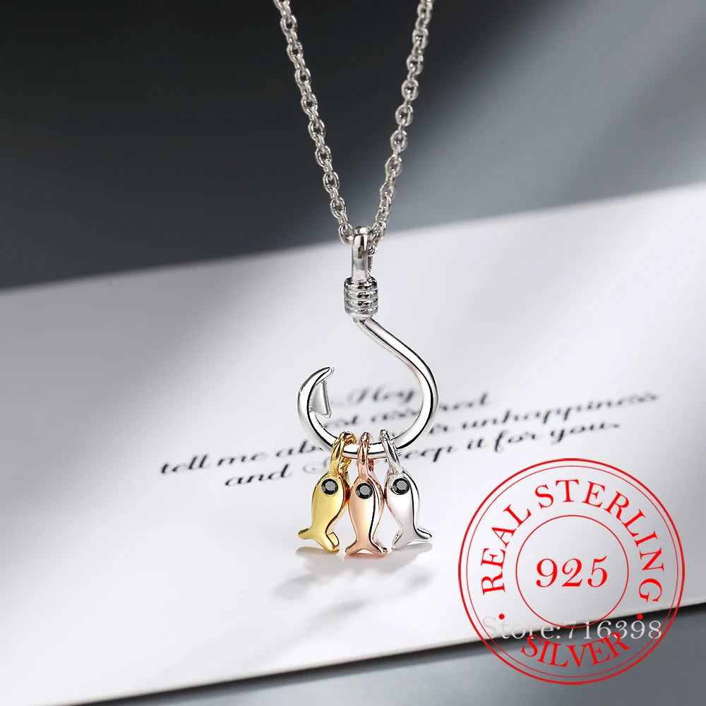 925 Sterling Silver Necklace For Women Cute Fish and Fish Hook Necklace Colar De Prata Chain Jewelry