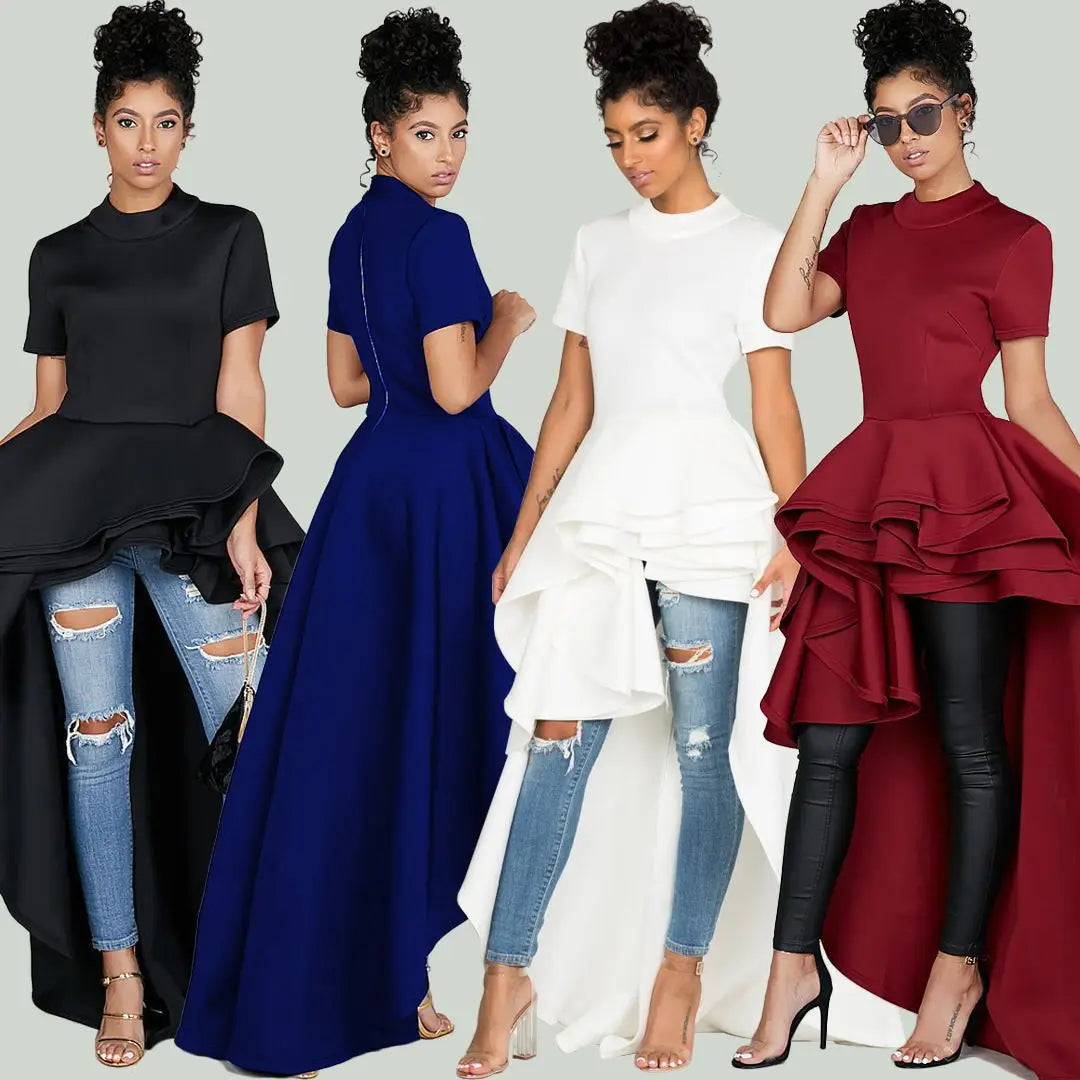 Fashion Evening Party Club Dress For Women Short Sleeve Irregular Ruffle Robe Dinner Dress Female African Clothing White Vestido