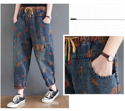 Jeans For Women Spring Street Feather Embroidery Color Contrast Loose Thin Drawstring Pockets Elastic Waist Denim Pants Female
