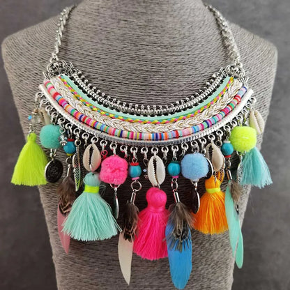 Bohemian Necklaces Pendants Women Handmade Pompom Collar Bib Choker Statement Necklace Ethnic Fashion Jewelry
