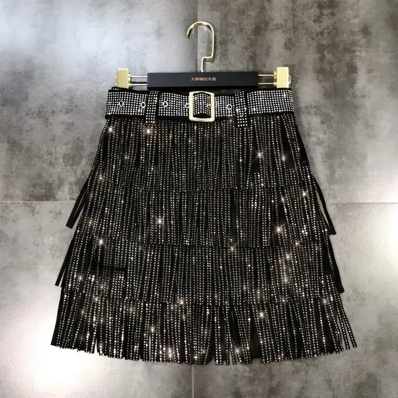 Women Skirt Fashion 2025 New Autumn High Waist Belt Multi Layer Short  Heavy Drilling Rhinestones Fringed Skirt with Cake A Line
