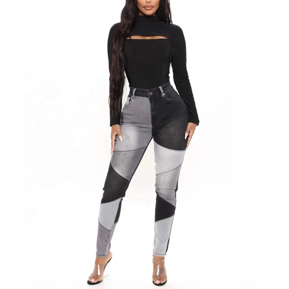 Fashionable Women's High Waist Denim Skinny Leggings High Quality Pencil Jeans Color Block Patchwork 3D Fall Spring Summer