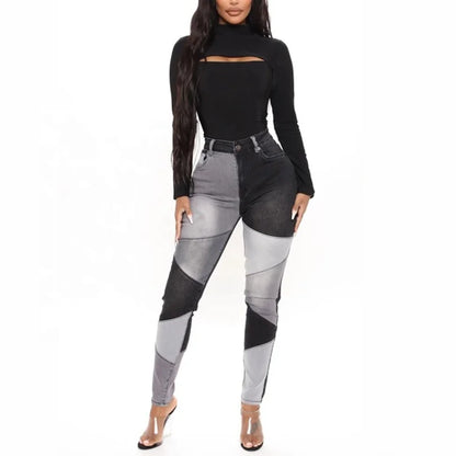Fashionable Women's High Waist Denim Skinny Leggings High Quality Pencil Jeans Color Block Patchwork 3D Fall Spring Summer