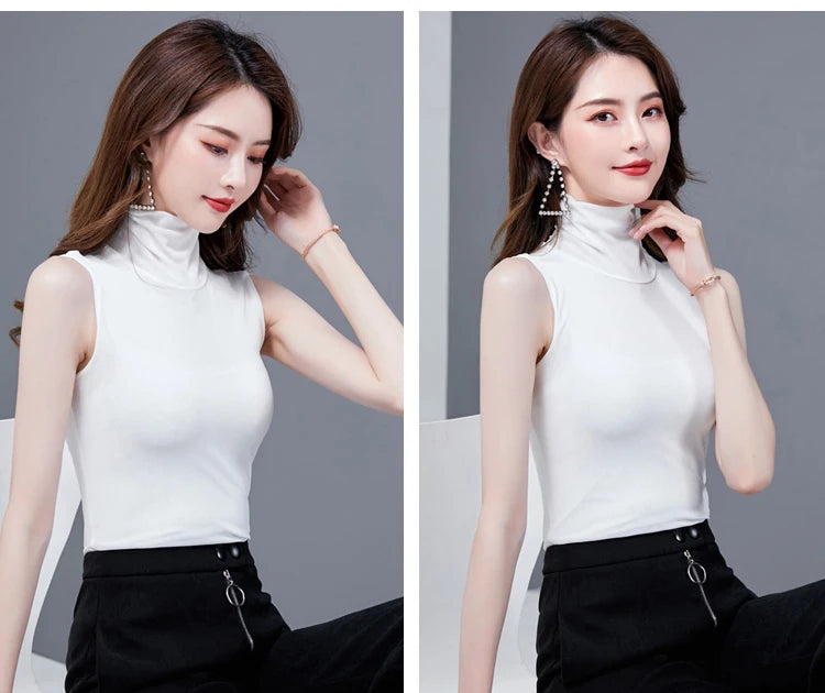 Summer Tops For Women 2025 Turtleneck Basic Sleeveless Lace Tank Tops Women Female Top Korean Tees Black White Blue