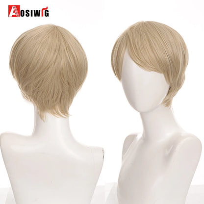 AOSIWIG  Short Curly Cosplay Men Boy Party Light Yellow Synthetic Heat Resistant Hair Wigs Men's Breathable Wig