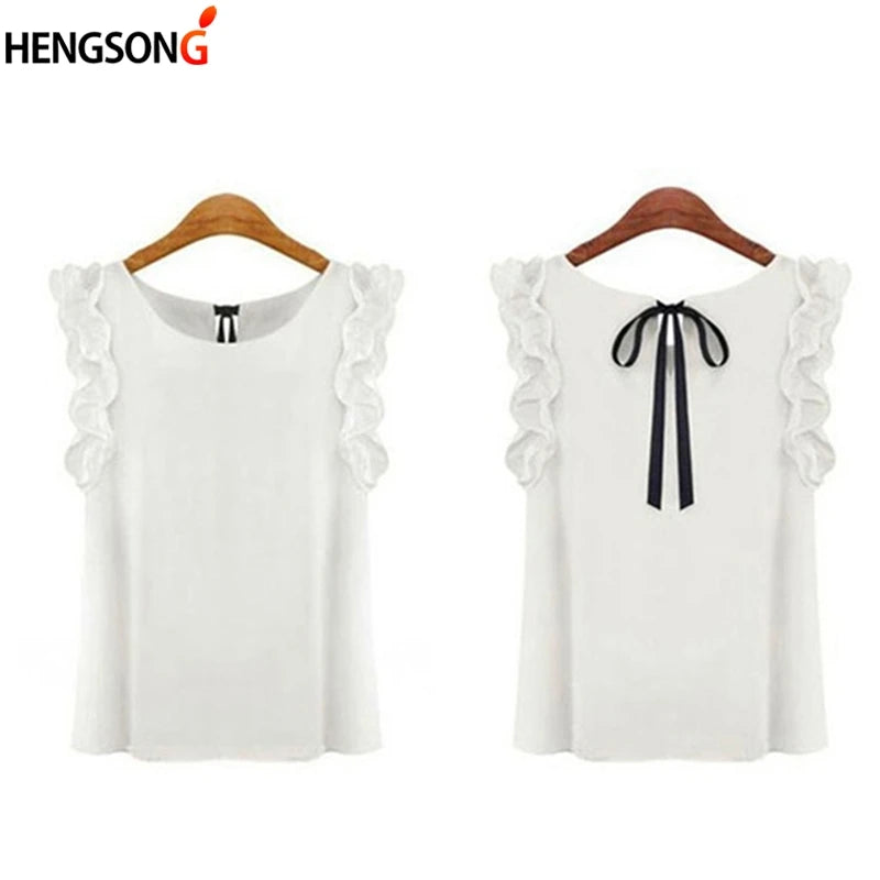 Women Blouse Tops Summer Fashion Lotus Leaf O-Neck Casual Shirt Ladies Bow Tie Chiffon Blouse White Tops 2023 New Women's Shirt