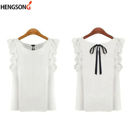 Women Blouse Tops Summer Fashion Lotus Leaf O-Neck Casual Shirt Ladies Bow Tie Chiffon Blouse White Tops 2023 New Women's Shirt