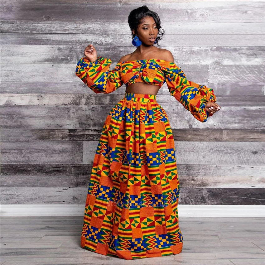 African Dresses for Women Autumn 2-piece Set Lady Full Sleeve Shoulder Off Festher Dashiki Print Split Skirts Africna Clothes