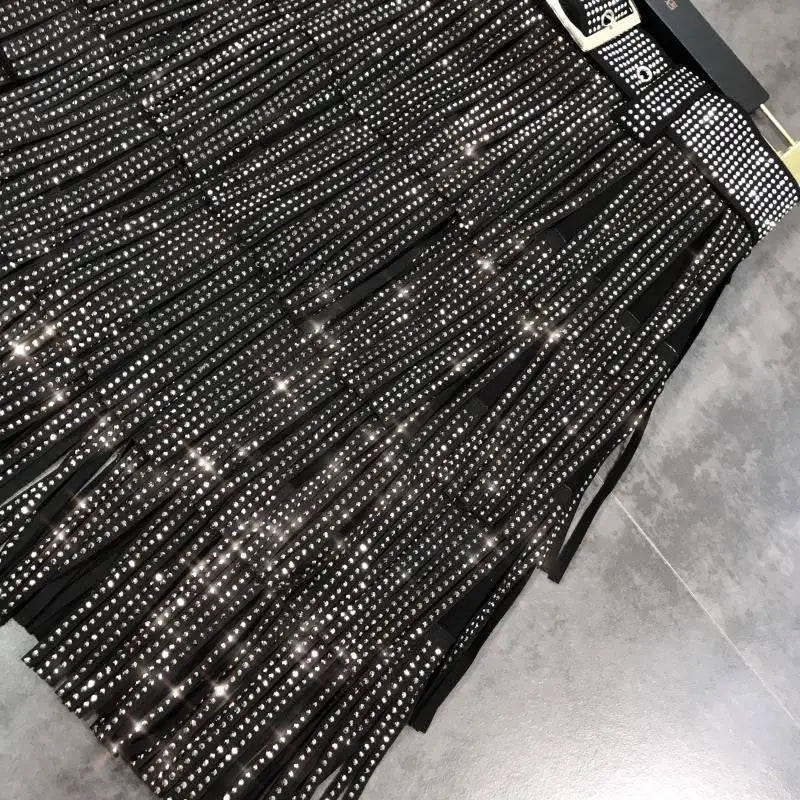 Women Skirt Fashion 2025 New Autumn High Waist Belt Multi Layer Short  Heavy Drilling Rhinestones Fringed Skirt with Cake A Line