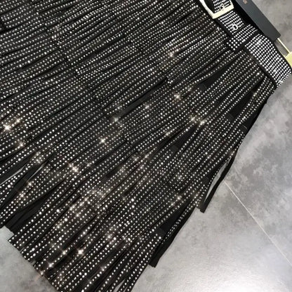 Women Skirt Fashion 2025 New Autumn High Waist Belt Multi Layer Short  Heavy Drilling Rhinestones Fringed Skirt with Cake A Line