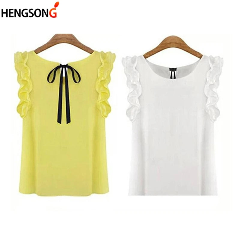 Women Blouse Tops Summer Fashion Lotus Leaf O-Neck Casual Shirt Ladies Bow Tie Chiffon Blouse White Tops 2023 New Women's Shirt