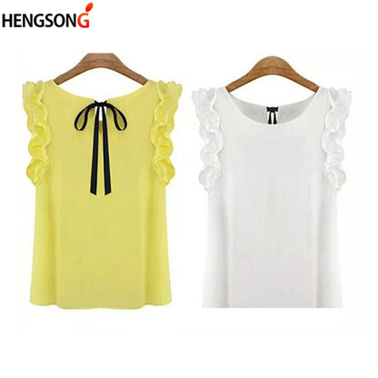 Women Blouse Tops Summer Fashion Lotus Leaf O-Neck Casual Shirt Ladies Bow Tie Chiffon Blouse White Tops 2023 New Women's Shirt