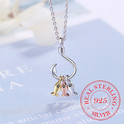925 Sterling Silver Necklace For Women Cute Fish and Fish Hook Necklace Colar De Prata Chain Jewelry