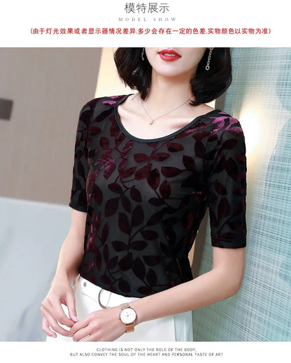 New Summer tops for Women Round neck Velvet burnt flower gauze t-shirt Short sleeve Women shirt