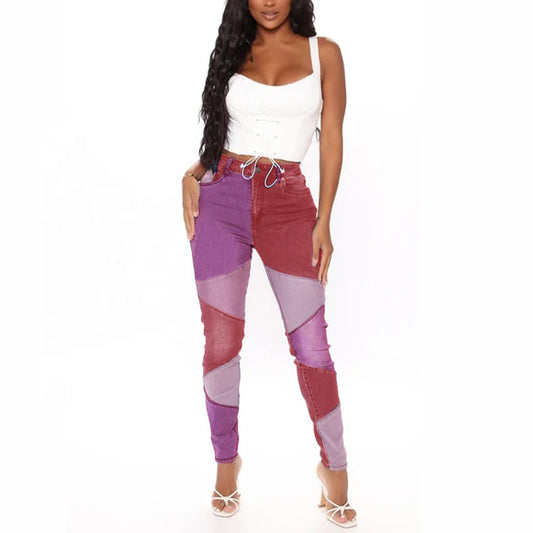 Fashionable Women's High Waist Denim Skinny Leggings High Quality Pencil Jeans Color Block Patchwork 3D Fall Spring Summer