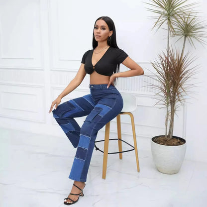 2025 Women's High Waist Straight Jeans Elegant Vintage Denim Fabric with Woven Weave Fashionable Hip Hop Style for Autumn