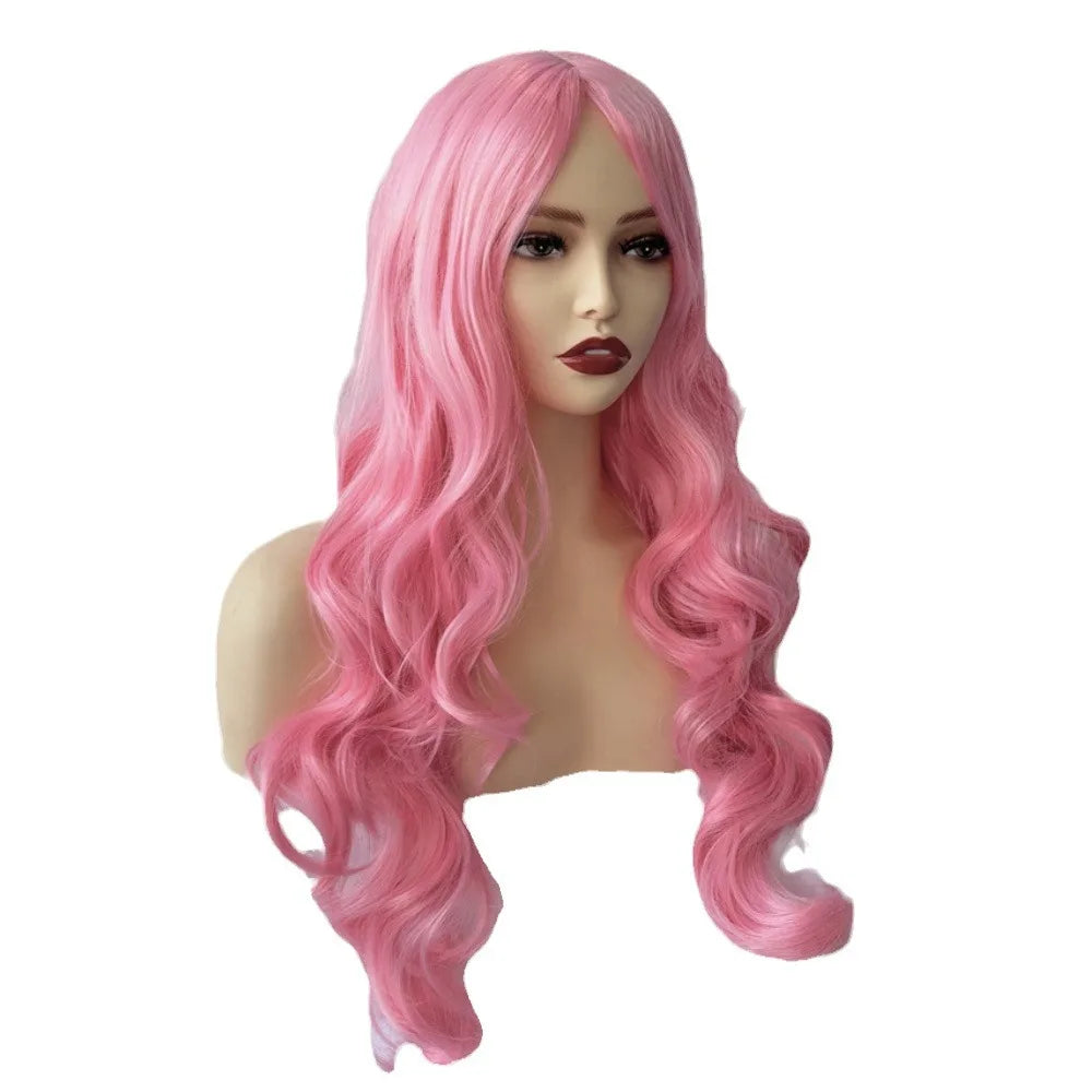 European and American Wig Women's Hair Bangs Long Hair Big Waves pink Lacy Average Size Chemical Fiber Wig
