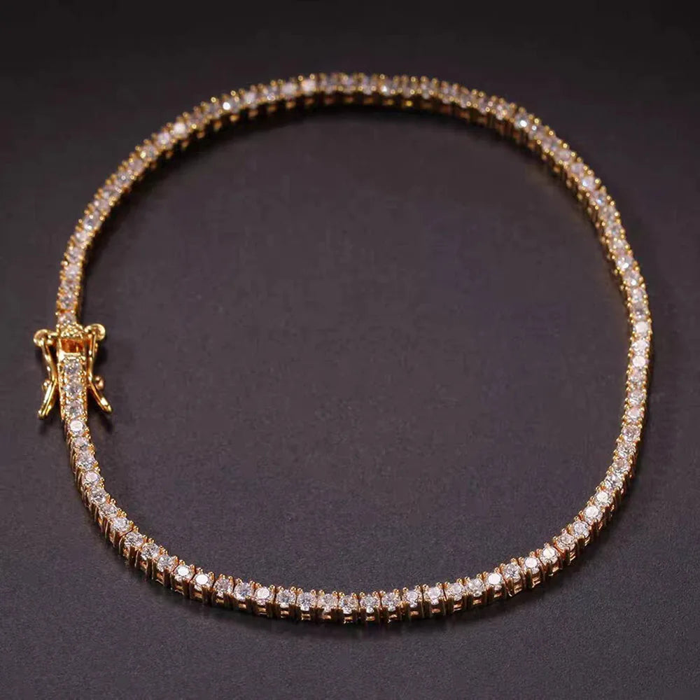 Tennis Necklace & Bracelet for Women – 2mm Pave Zircon Chain, Gold-Plated Brass, 6–20 Inch Lengths