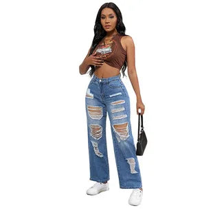 2025 Women's High Waist Straight Jeans Elegant Vintage Denim Fabric with Woven Weave Fashionable Hip Hop Style for Autumn