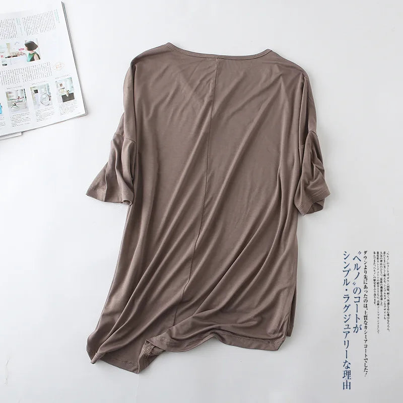 Fashion Tops Tees 2024 Summer T-shirt Women Half-Sleeve Solid Loose Shirt V-neck Oversize Basic Top Shirts for Women Casual