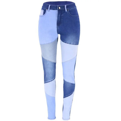 Fashionable Women's High Waist Denim Skinny Leggings High Quality Pencil Jeans Color Block Patchwork 3D Fall Spring Summer