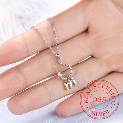 925 Sterling Silver Necklace For Women Cute Fish and Fish Hook Necklace Colar De Prata Chain Jewelry