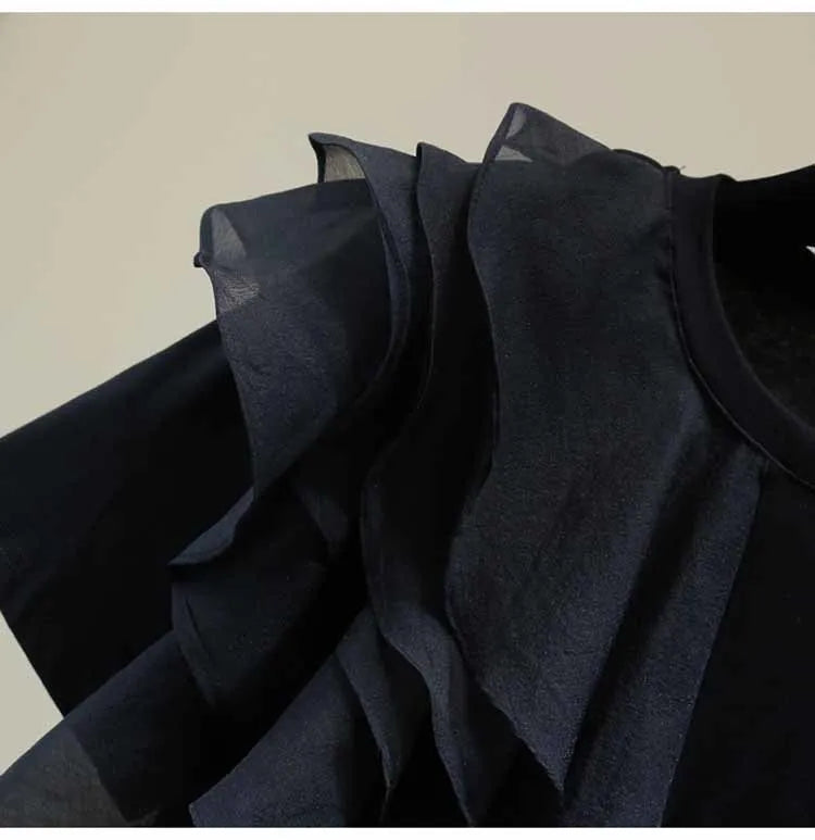 Patchwork Ruffle White Tops For Women O Neck Short Sleeve Casual T Shirt Female Fashion New Clothing 2022 Summer