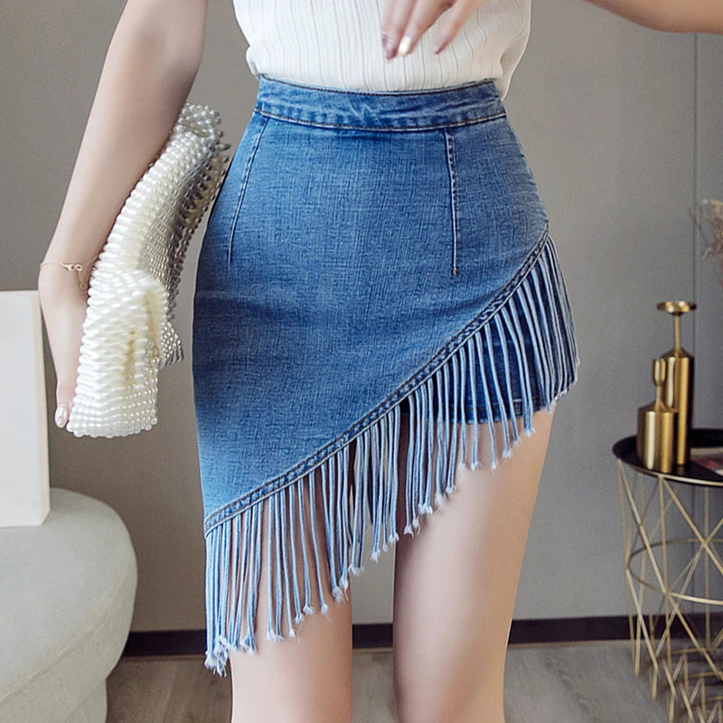 Korean New Tassel Summer Denim Skirt Zipper High Waist Korean Short Skirt Women Mini Jeans Skirt Sexy Warp Vintage Skirts