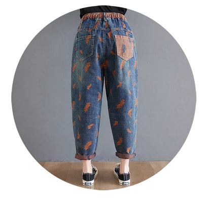Jeans For Women Spring Street Feather Embroidery Color Contrast Loose Thin Drawstring Pockets Elastic Waist Denim Pants Female