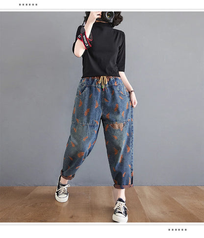 Jeans For Women Spring Street Feather Embroidery Color Contrast Loose Thin Drawstring Pockets Elastic Waist Denim Pants Female