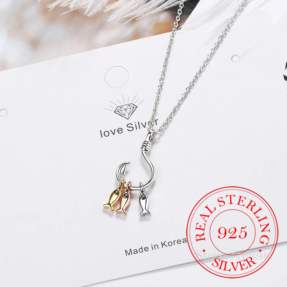 925 Sterling Silver Necklace For Women Cute Fish and Fish Hook Necklace Colar De Prata Chain Jewelry