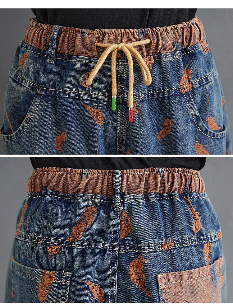 Jeans For Women Spring Street Feather Embroidery Color Contrast Loose Thin Drawstring Pockets Elastic Waist Denim Pants Female