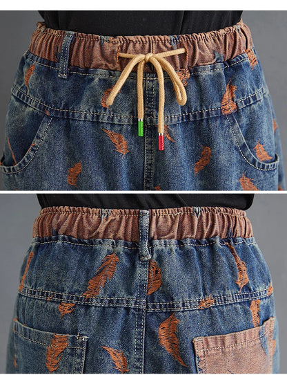 Jeans For Women Spring Street Feather Embroidery Color Contrast Loose Thin Drawstring Pockets Elastic Waist Denim Pants Female