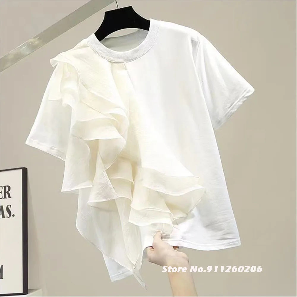 Patchwork Ruffle White Tops For Women O Neck Short Sleeve Casual T Shirt Female Fashion New Clothing 2022 Summer