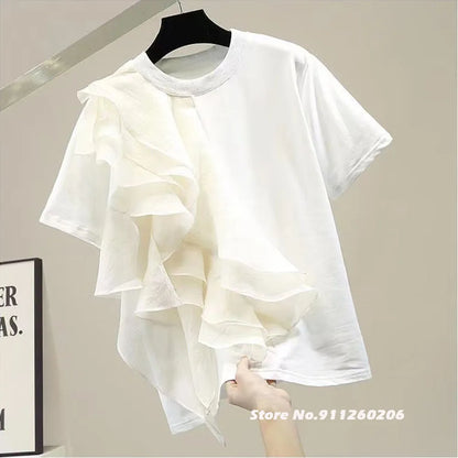 Patchwork Ruffle White Tops For Women O Neck Short Sleeve Casual T Shirt Female Fashion New Clothing 2022 Summer