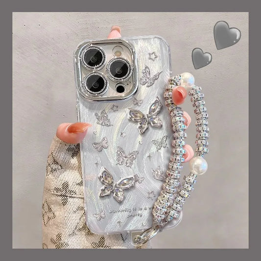 Metal Bracelet Butterfly Camera Lens Protection Film PC Mobile Phone Cover Case for Iphone X Xr Xs 11 12 13 14 15 16 Pro Max