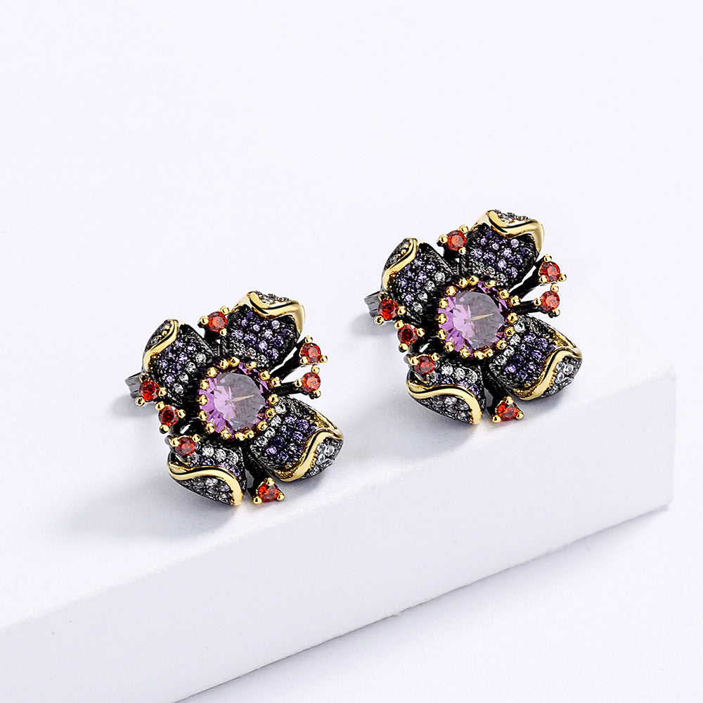New European and American Flower Earrings Sunflower Zircon Earrings Black Gold Earrings Women's Bridal Earrings