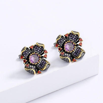 New European and American Flower Earrings Sunflower Zircon Earrings Black Gold Earrings Women's Bridal Earrings