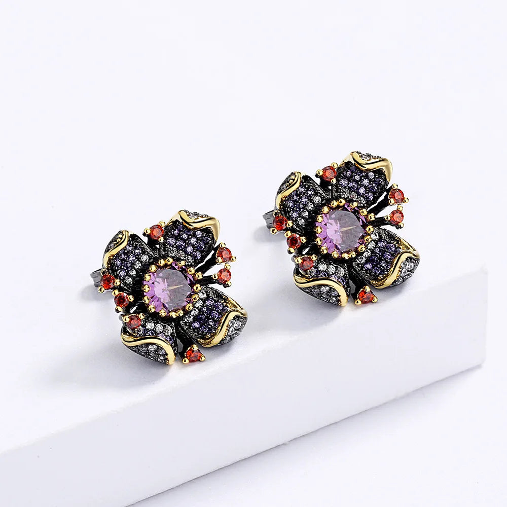 New European and American Flower Earrings Sunflower Zircon Earrings Black Gold Earrings Women's Bridal Earrings