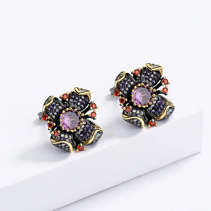 New European and American Flower Earrings Sunflower Zircon Earrings Black Gold Earrings Women's Bridal Earrings
