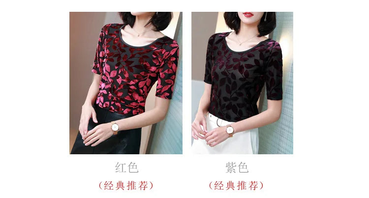 New Summer tops for Women Round neck Velvet burnt flower gauze t-shirt Short sleeve Women shirt